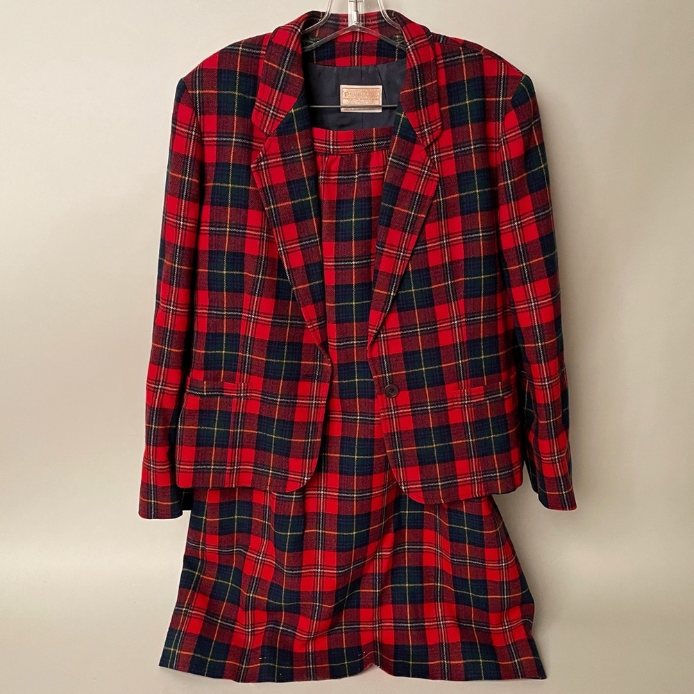Red plaid Pendleton wool tartan, matching jacket and skirt